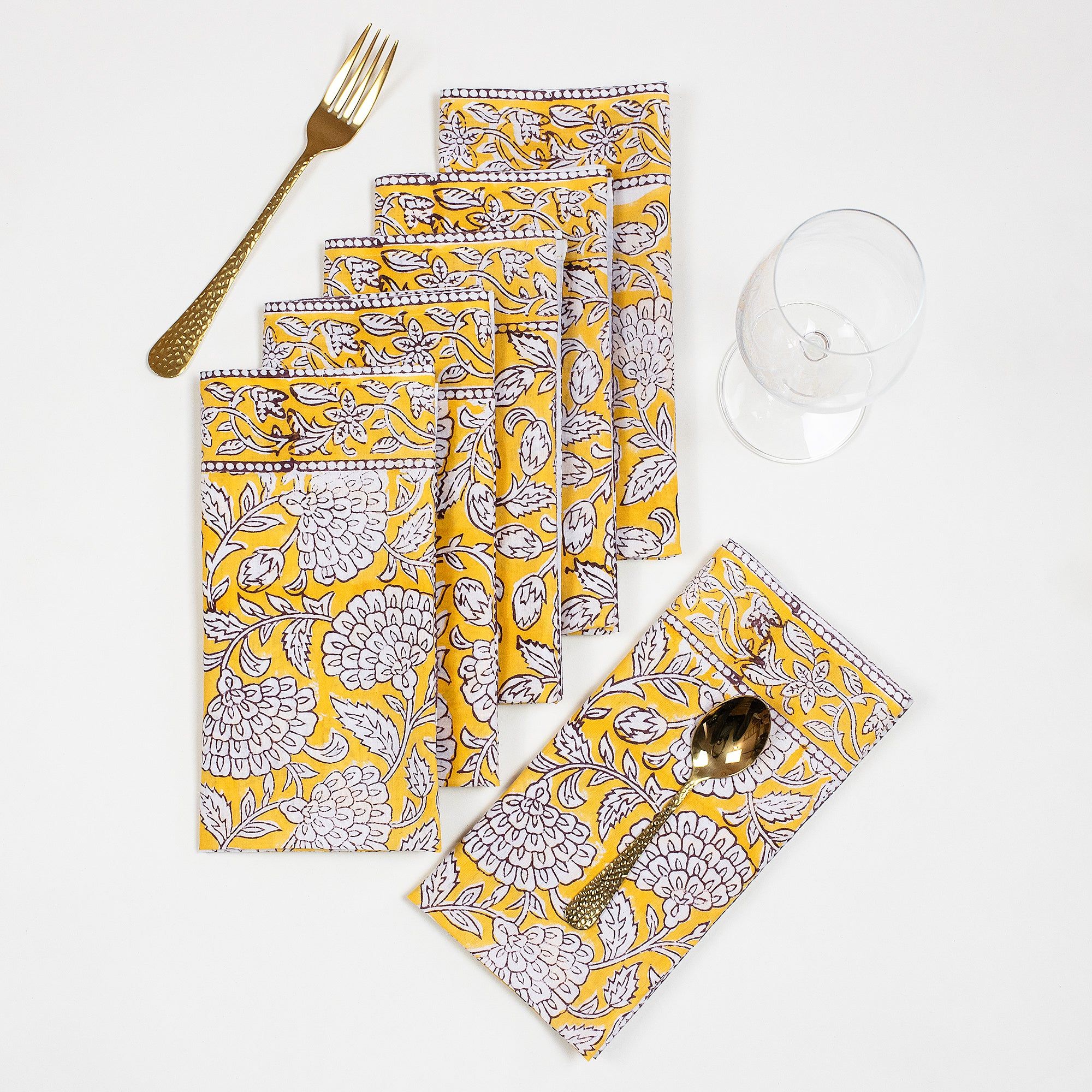 Beautiful Hand Block Yellow Floral Printed Cotton Hankey Cloth
